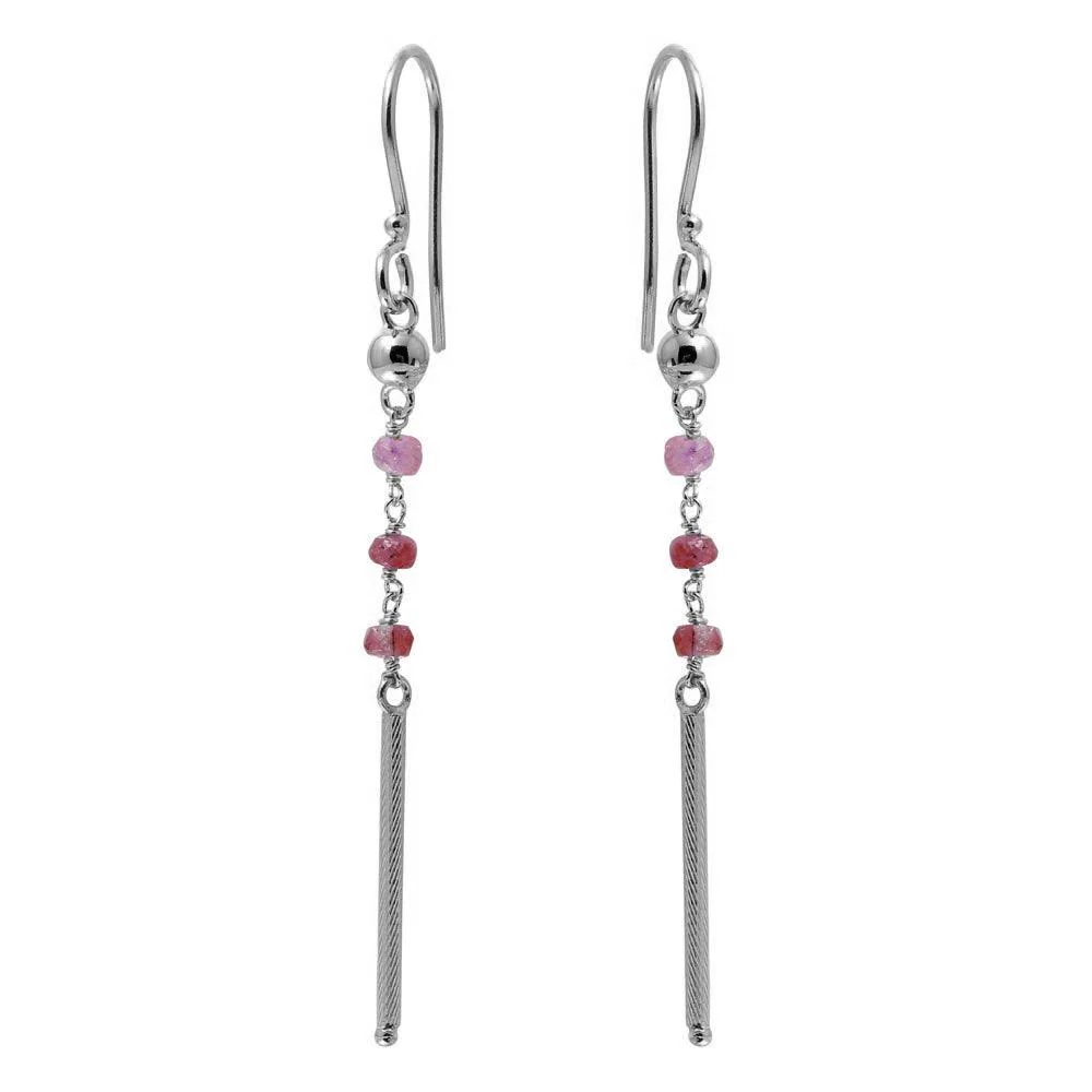 Rhodium Plated 925 Sterling Silver Dangling 3 Dark Red Bead with Matte Rhodium Bar Earrings - DIE00009RH-GR