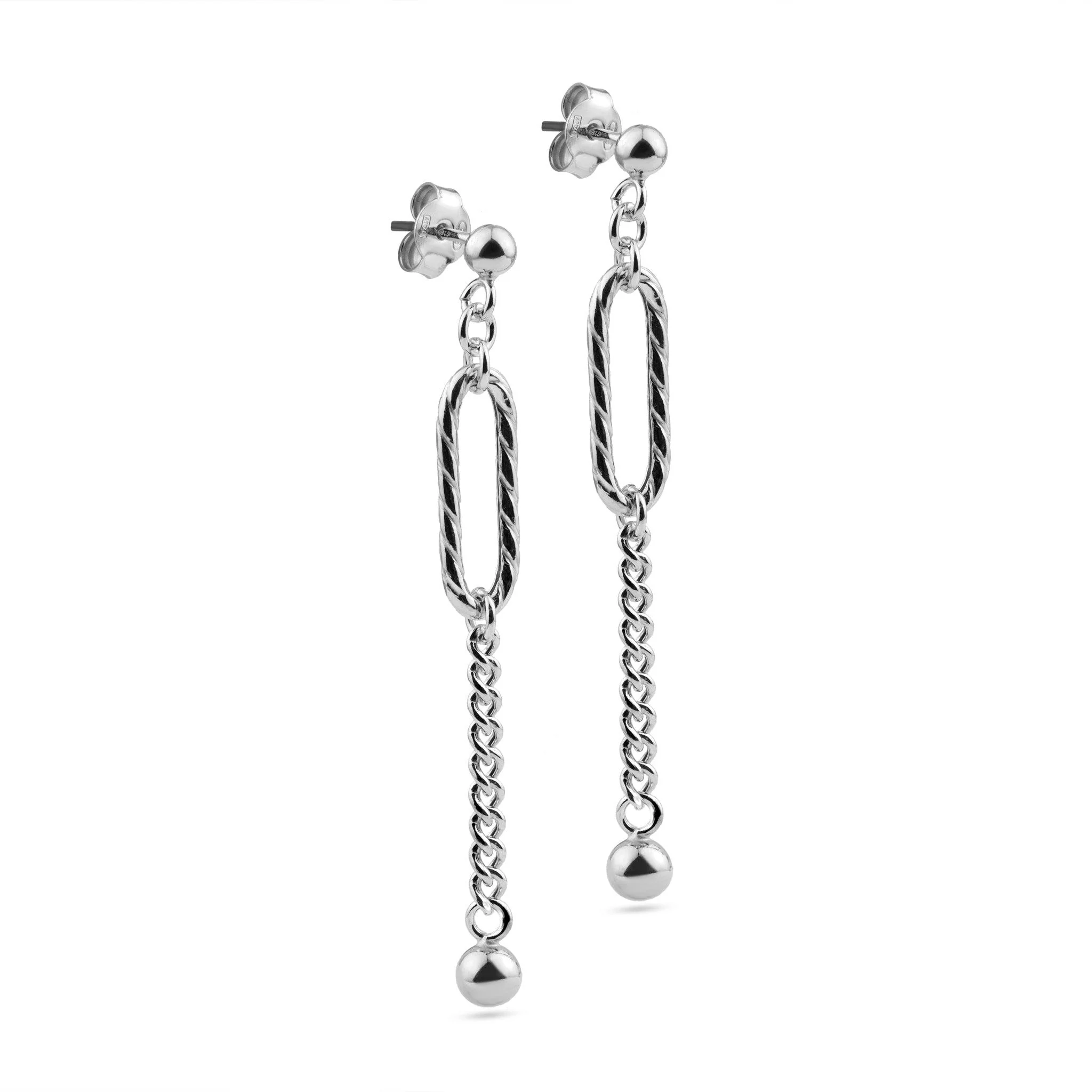 Rhodium Plated 925 Sterling Silver Dangling Ball Textured Paperclip Earring - ITE00091-RH