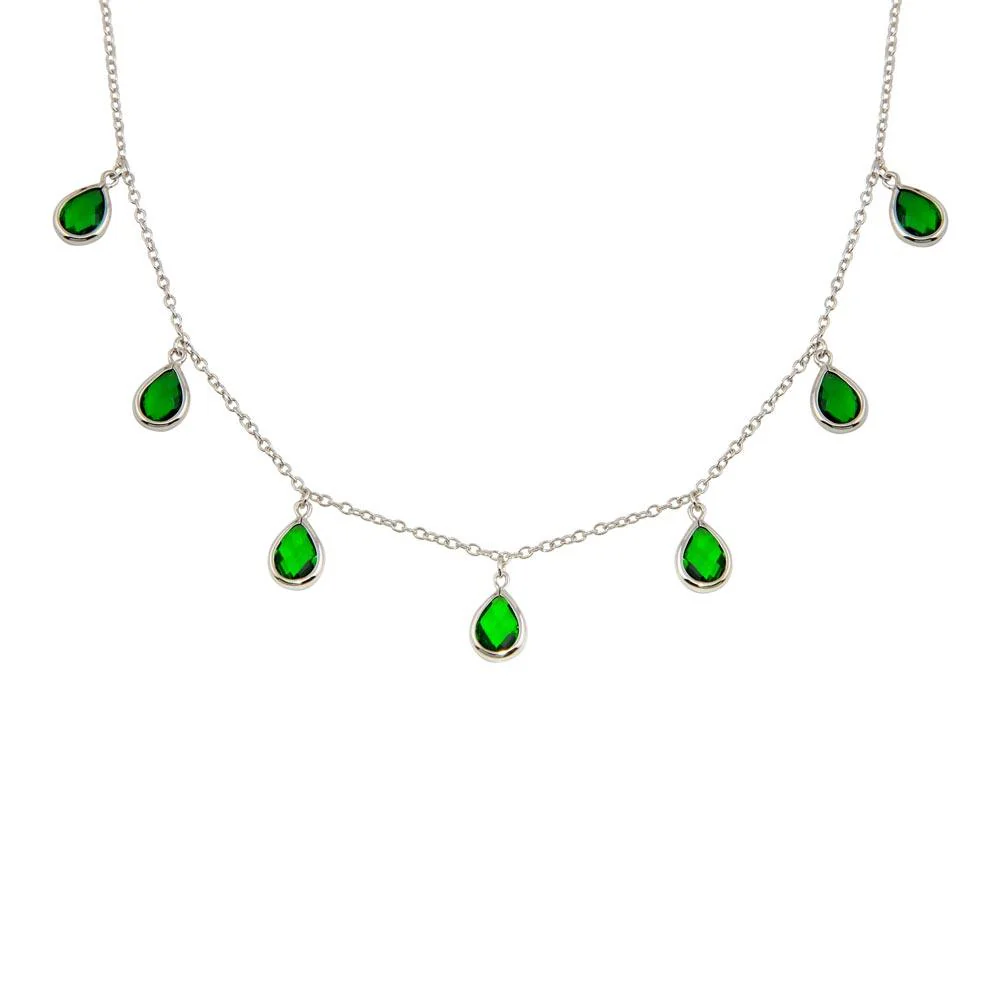 Rhodium Plated 925 Sterling Silver Dangling Green CZ Teardrop Necklace - BGP01250GRN - Image 3