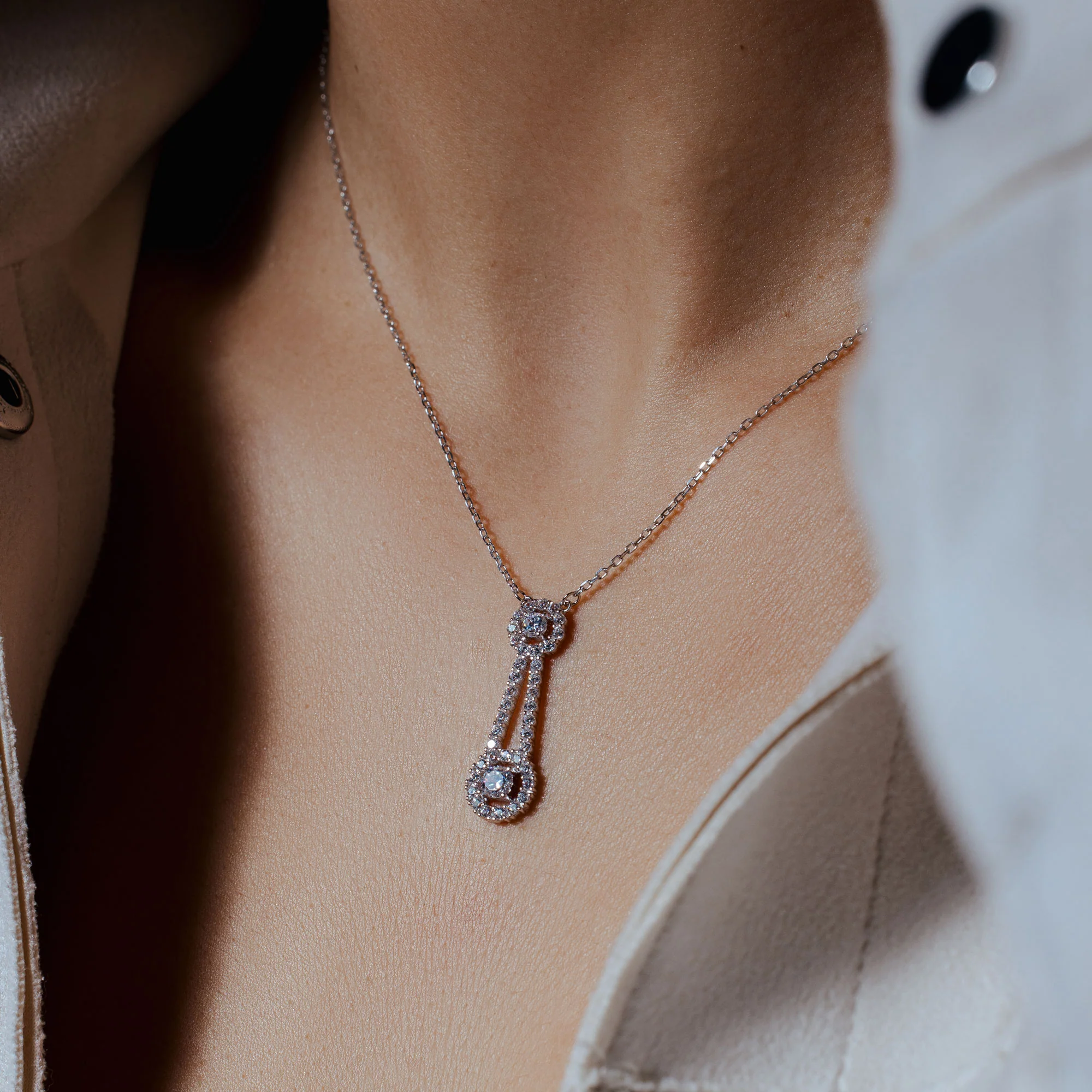 Rhodium Plated 925 Sterling Silver Double Halo Drop CZ Necklace - BGP01170 - Image 2