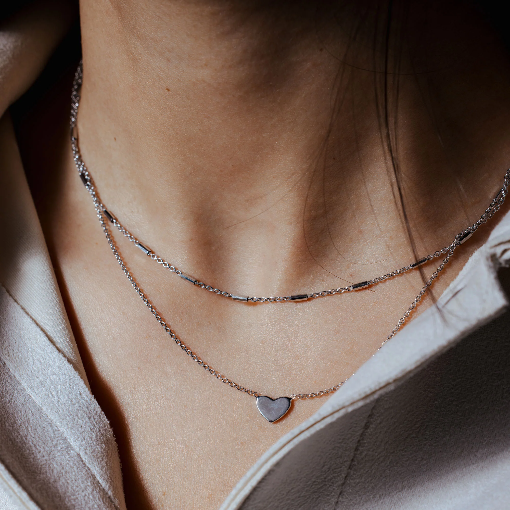 Rhodium Plated 925 Sterling Silver Double Link Heart Pendant Necklace - SOP00062 - Image 2