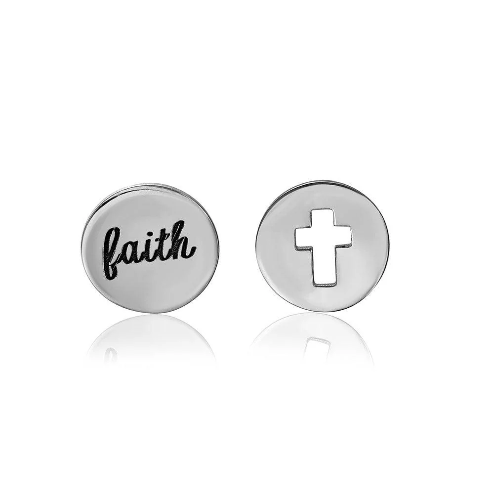 Silver 925 Rhodium Plated Faith and Cross Earrings - STE01053