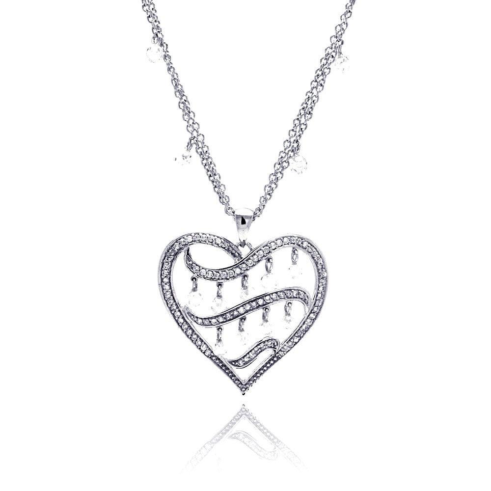 Clearance-Silver 925 Rhodium Plated Filigree Heart CZ Chandelier Dangling Necklace - STP00591