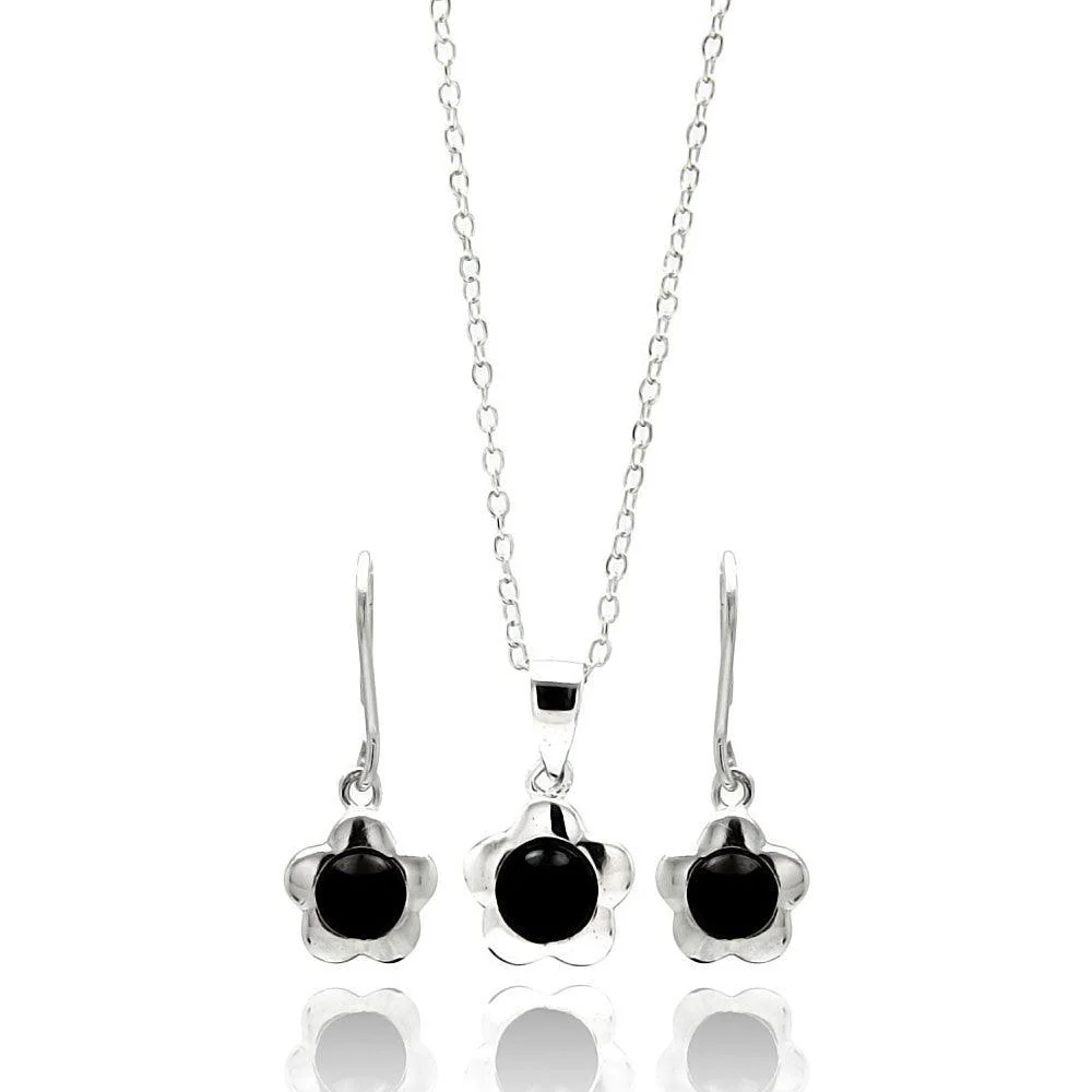 Silver 925 Rhodium Plated Flower Black Round CZ Dangling Lever Back Stud Earring and Necklace Set - STS00444
