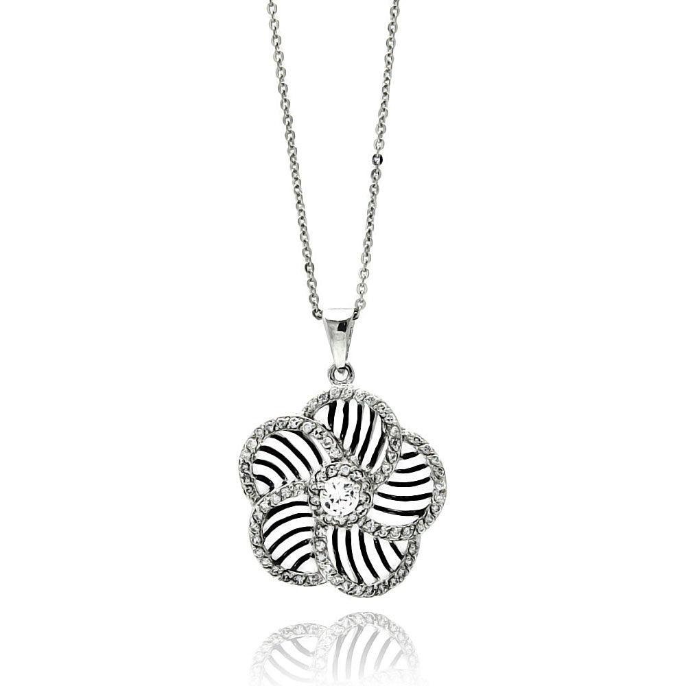 Clearance-Silver 925 Rhodium Plated Flower Inner Zebra Print CZ Necklace - BGP00519