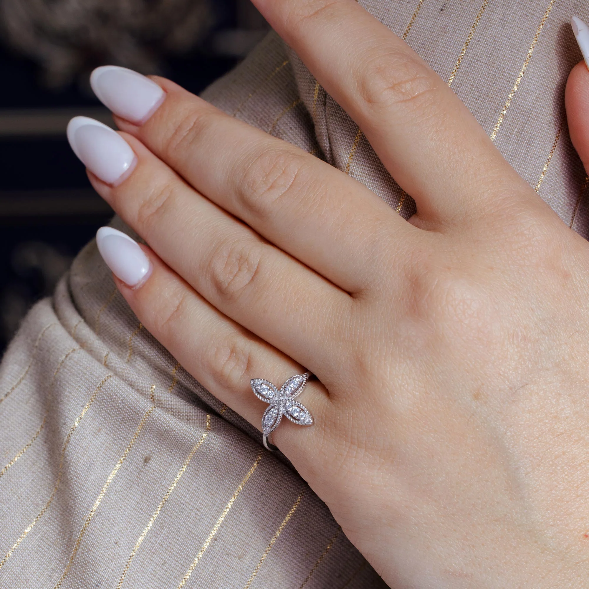 Rhodium Plated 925 Sterling Silver Four Petal Ring with CZ - BGR01176 - Image 2