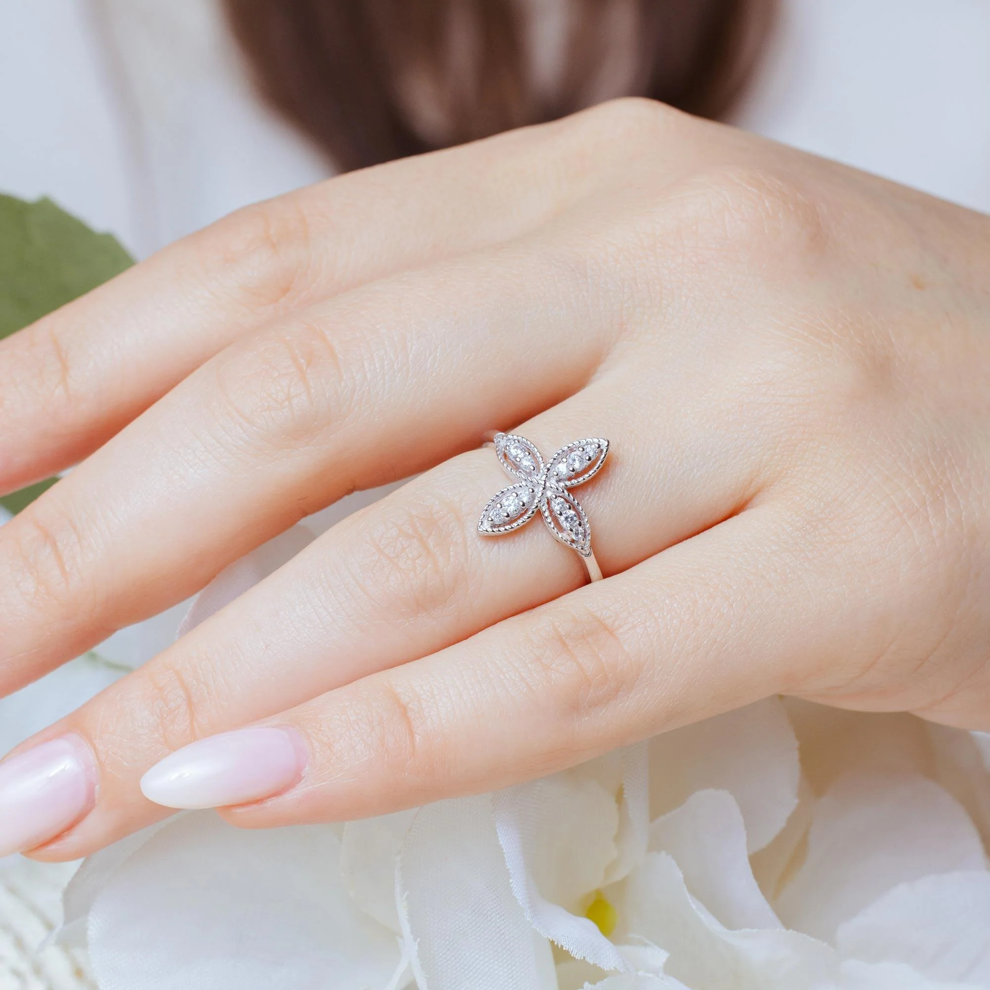 Rhodium Plated 925 Sterling Silver Four Petal Ring with CZ - BGR01176 - Image 3