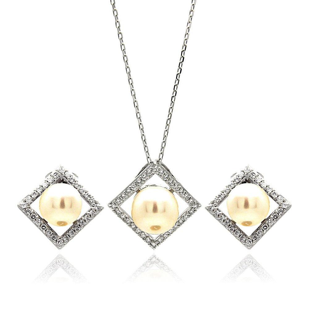 Silver 925 Rhodium Plated Fresh Water Pearl Square Diamond Shaped Clear CZ Set - BGS00250
