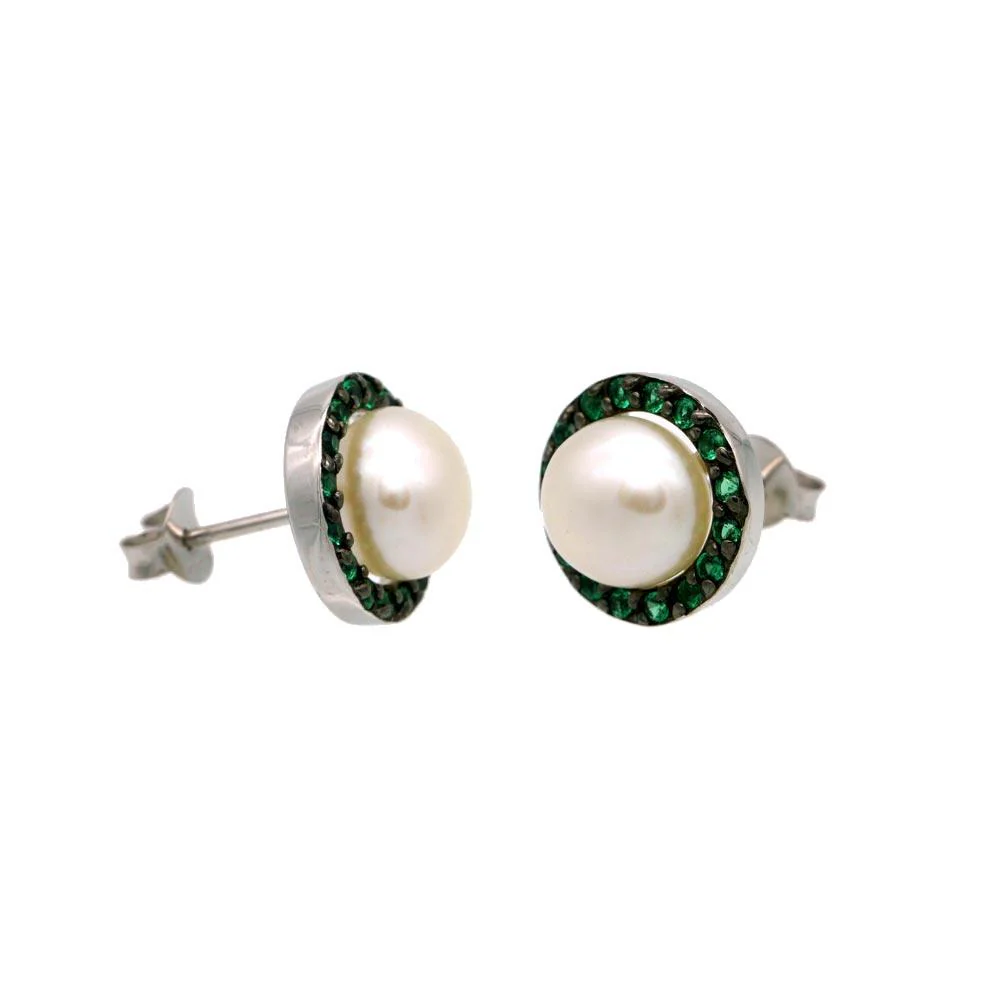 Rhodium Plated 925 Sterling Silver Halo Synthetic Mother of Pearl Stud Earring with Green CZ - BGE00652GRN