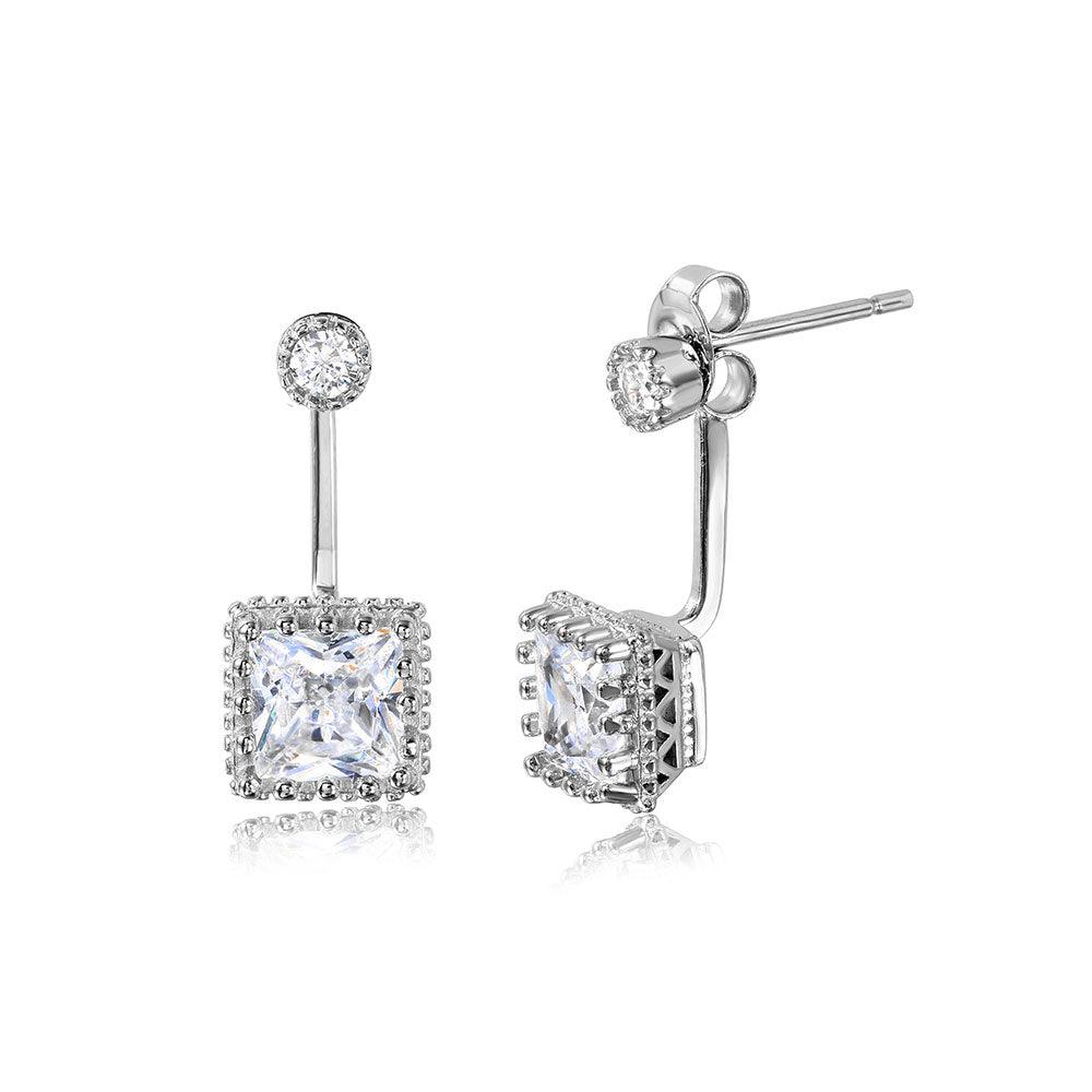 Silver 925 Rhodium Plated Hanging Square Crown Front and Back Earrings - STE01043