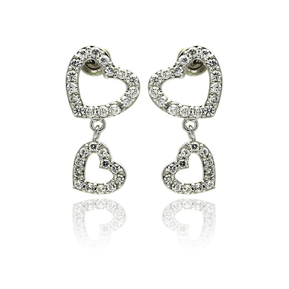 Silver 925 Rhodium Plated Heart CZ Dangling Earrings - STE00240