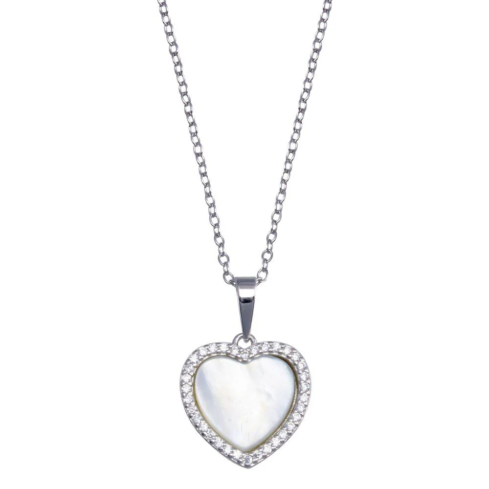 Rhodium Plated 925 Sterling Silver Heart Mother of Pearl Necklace - BGP01387