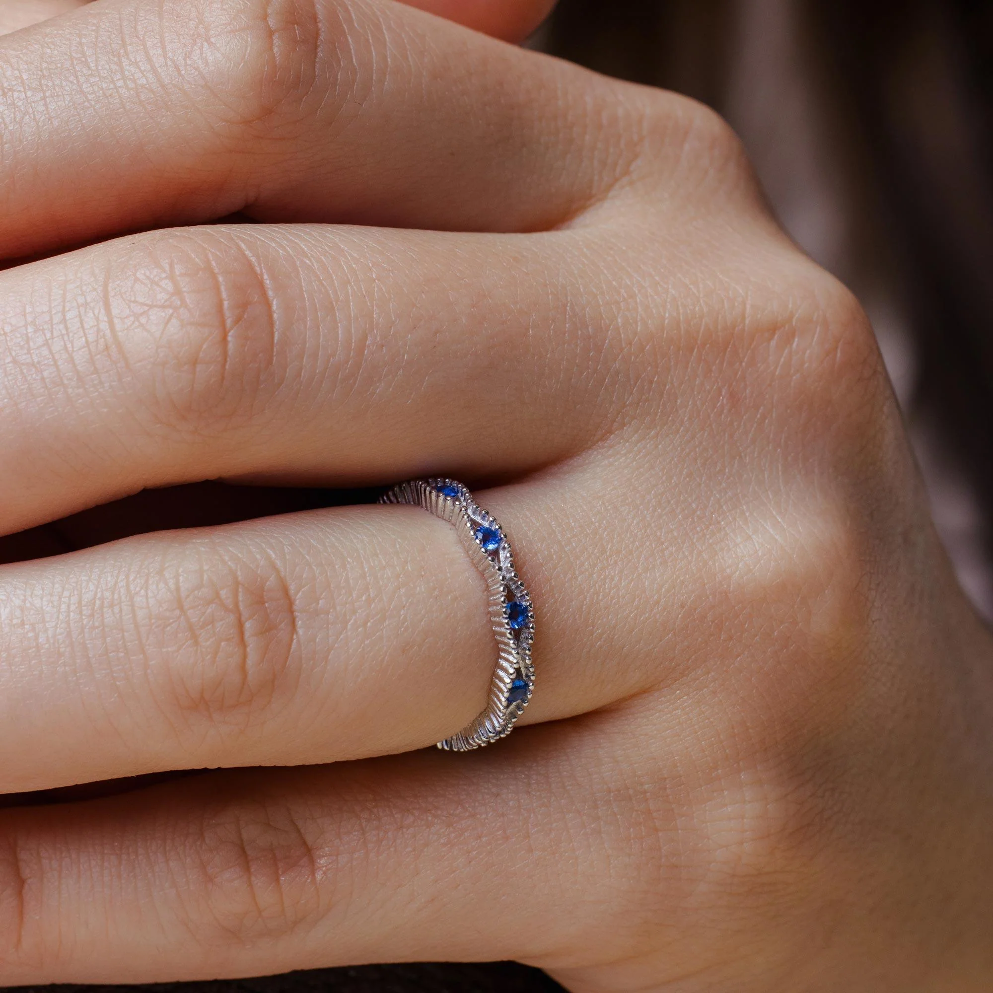 Rhodium Plated 925 Sterling Silver Intersecting Waves Blue CZ Ring - BGR01294BLU - Image 2