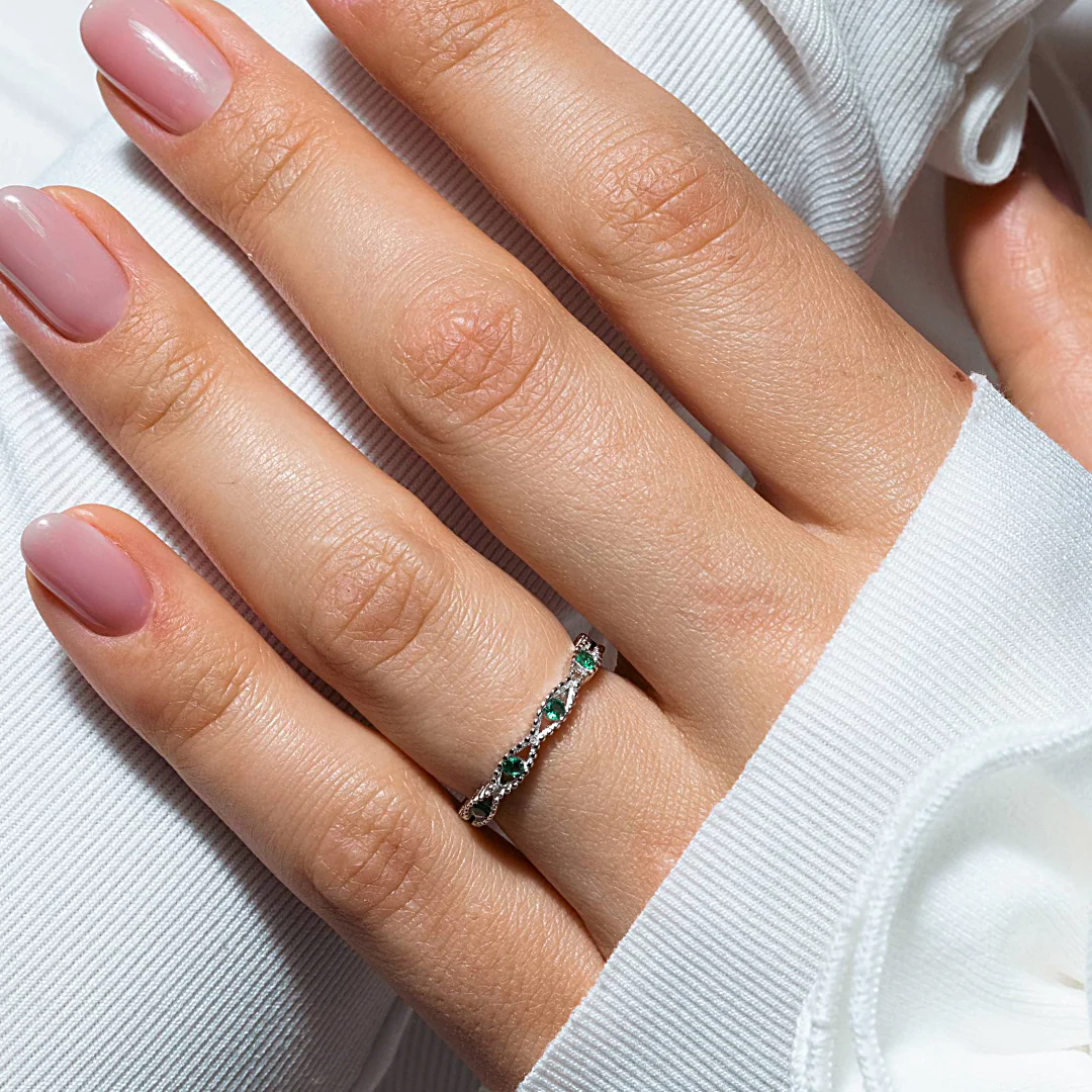 Rhodium Plated 925 Sterling Silver Intersecting Waves Green CZ Ring- BGR01294GRN - Image 2