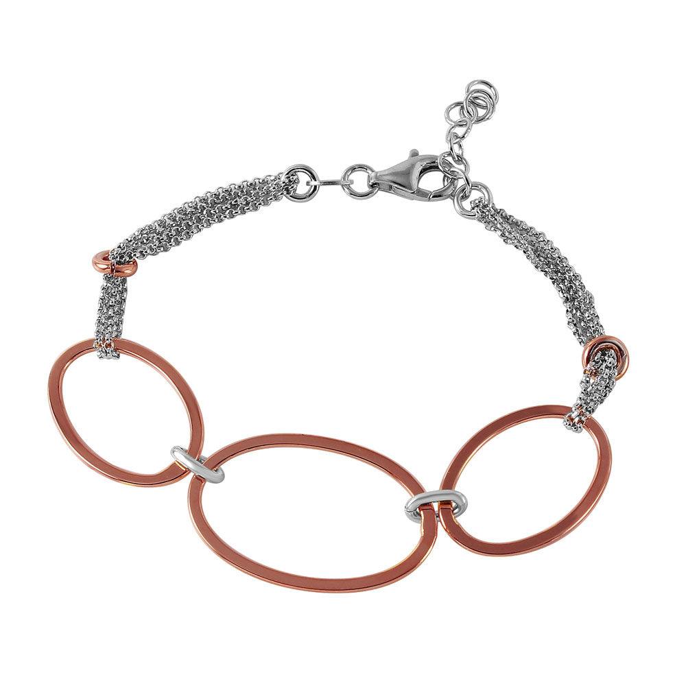 Silver 925 Rhodium Plated Italian Bracelet with 3 Rose Gold Plated Oval Accents - ITB00161RH-RGP - Image 2