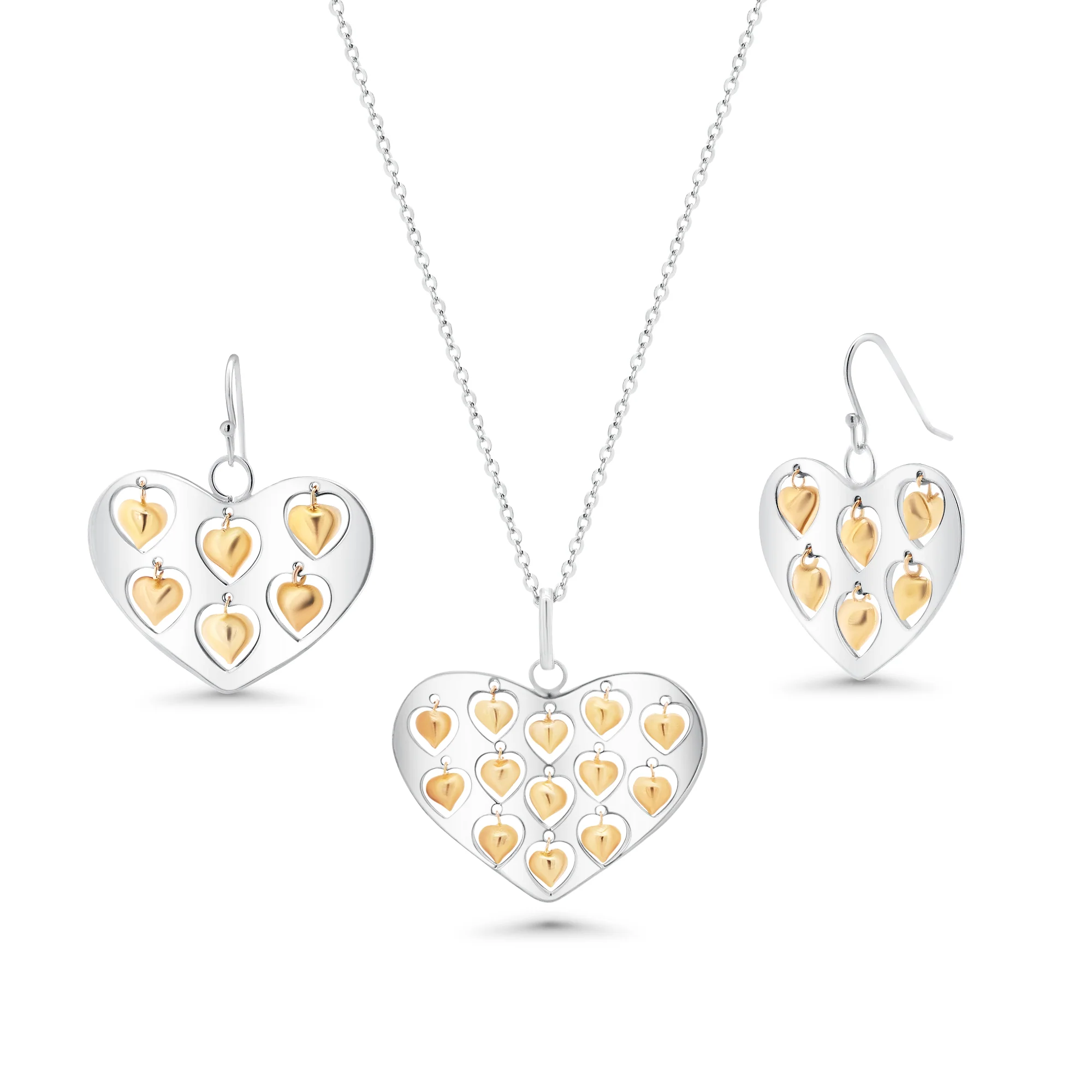 Clearance-Rhodium Plated 925 Sterling Silver Large Heart Pendant and Small Heart Earrings Set with Heart Charms - STS00075 - Image 2