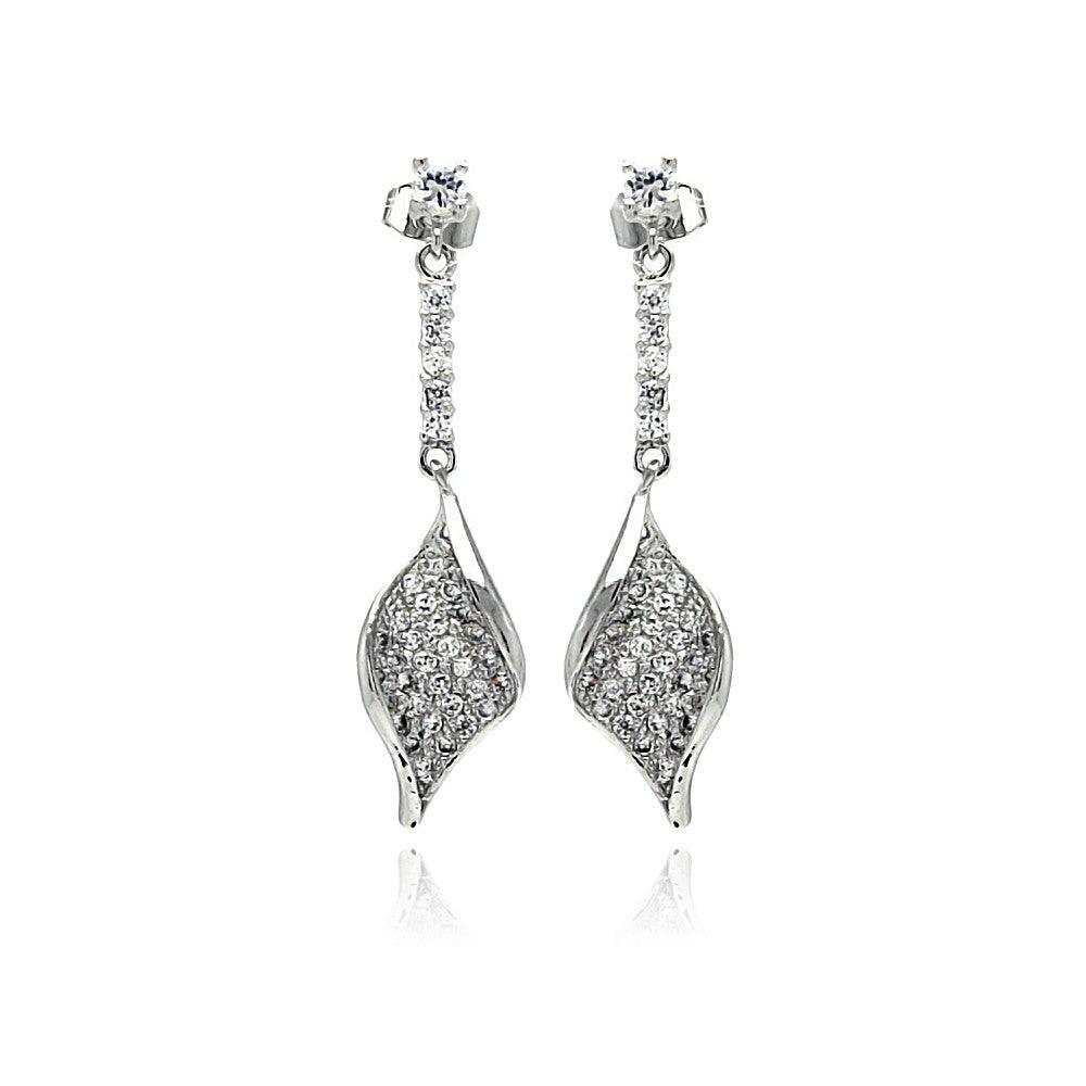 Silver 925 Rhodium Plated Leaf CZ Inlay Dangling Stud Earrings - BGE00269