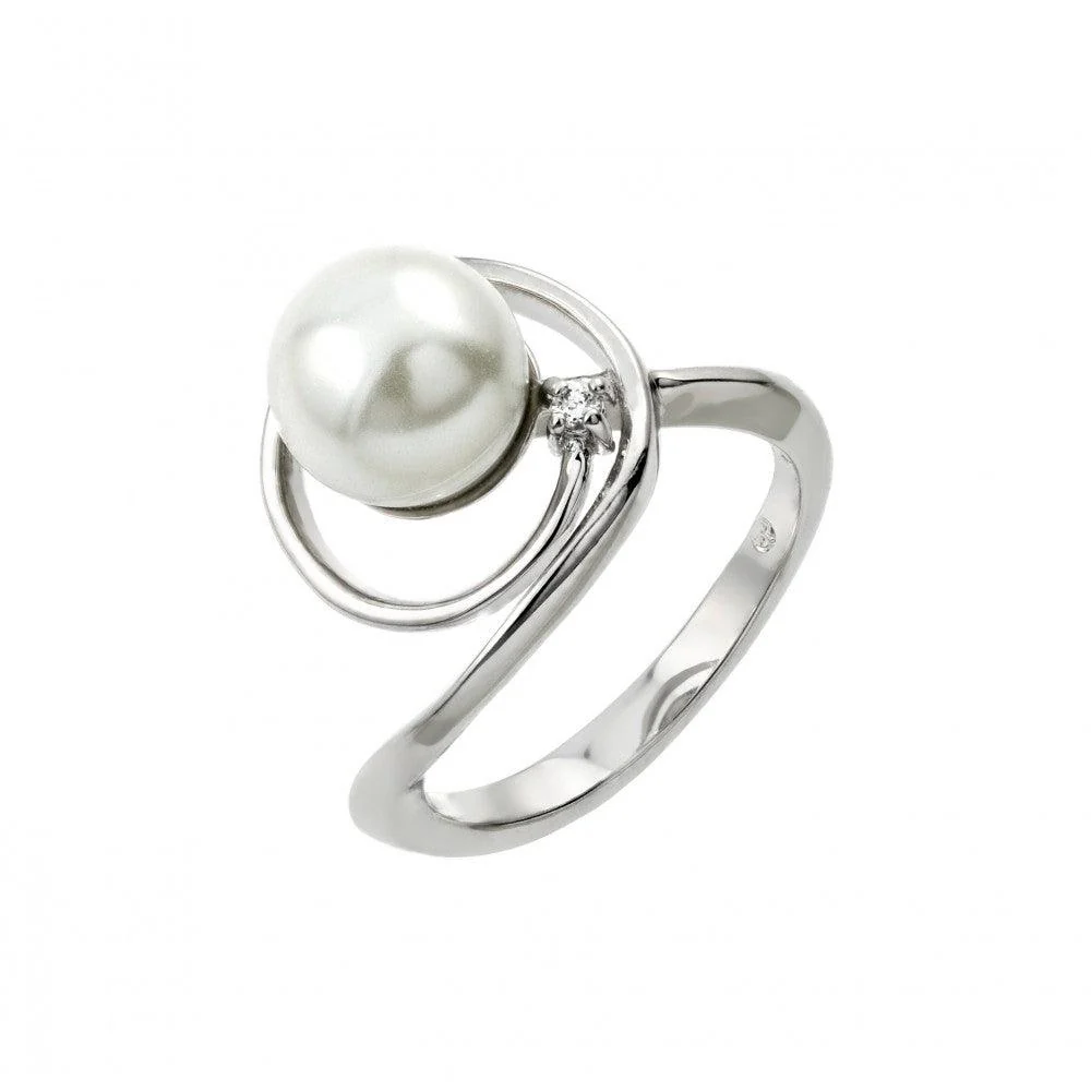 Silver 925 Rhodium Plated Loop Synthetic Pearl Ring - BGR00907