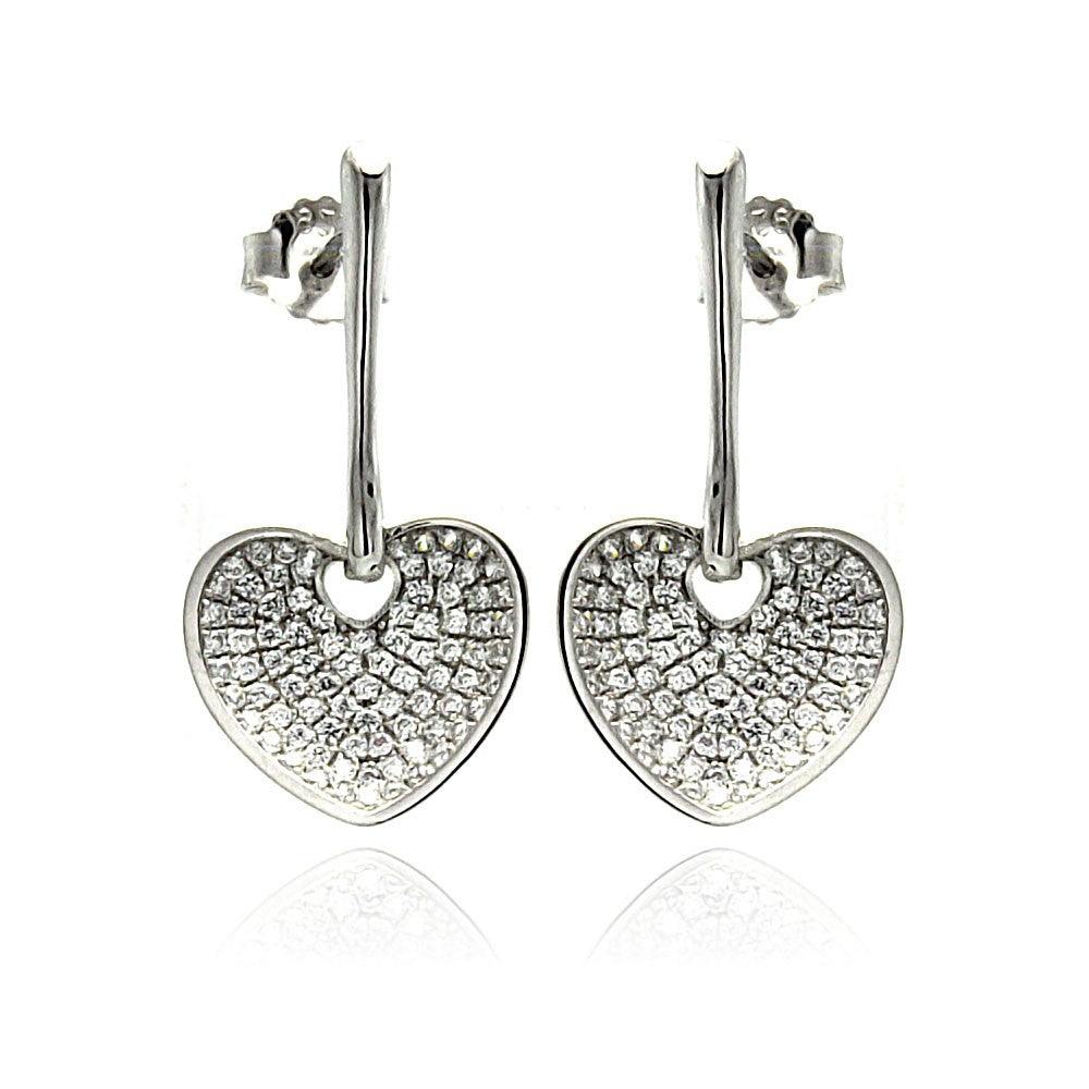 Silver 925 Rhodium Plated Micro Pave Clear Heart CZ Dangling Stud Earrings - ACE00075