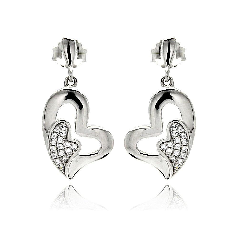 Silver 925 Rhodium Plated Micro Pave Clear Heart Inlay CZ Dangling Earrings - ACE00077