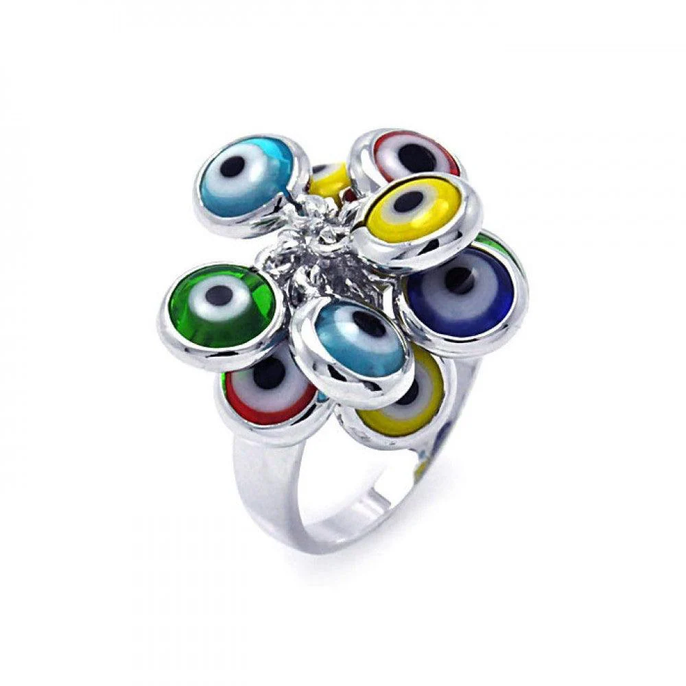 Clearance - Silver 925 Rhodium Plated Multi Colored Hanging Evil Eye Ring - BGR00258