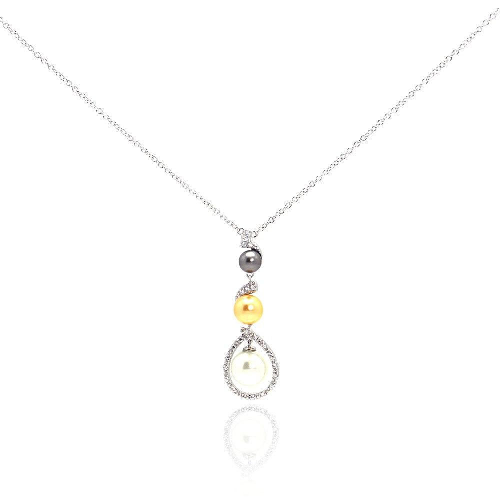 Silver 925 Rhodium Plated Multi Colored Pearl Clear CZ Drop Pendant Necklace - BGN00050