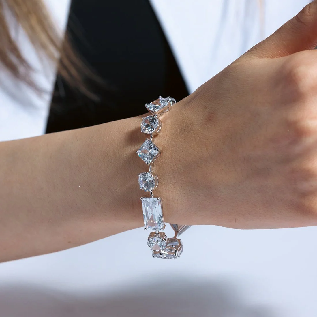 Rhodium Plated 925 Sterling Silver Multi Shape CZ Stones Bracelet - BGB00285 - Image 2