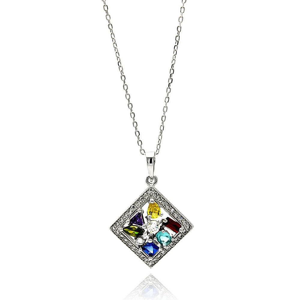 Silver 925 Rhodium Plated Multicolor Square CZ Necklace - BGP00619