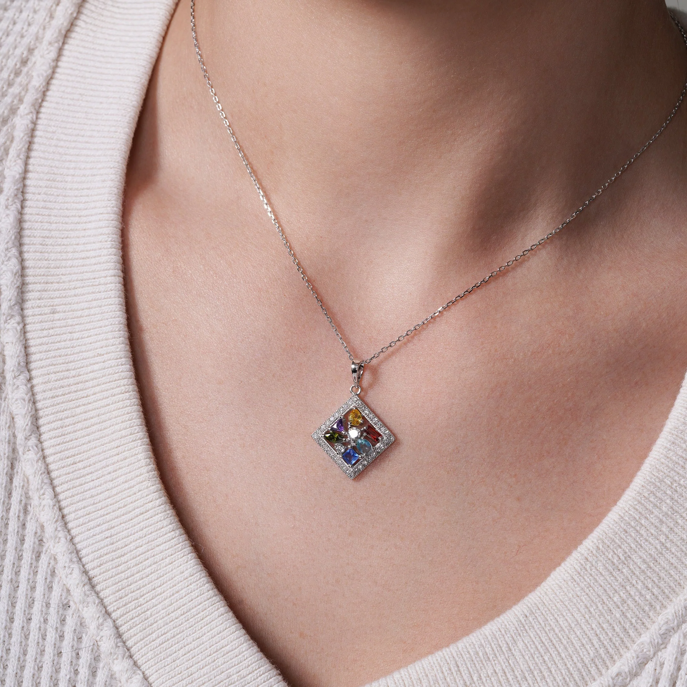 Silver 925 Rhodium Plated Multicolor Square CZ Necklace - BGP00619 - Image 2
