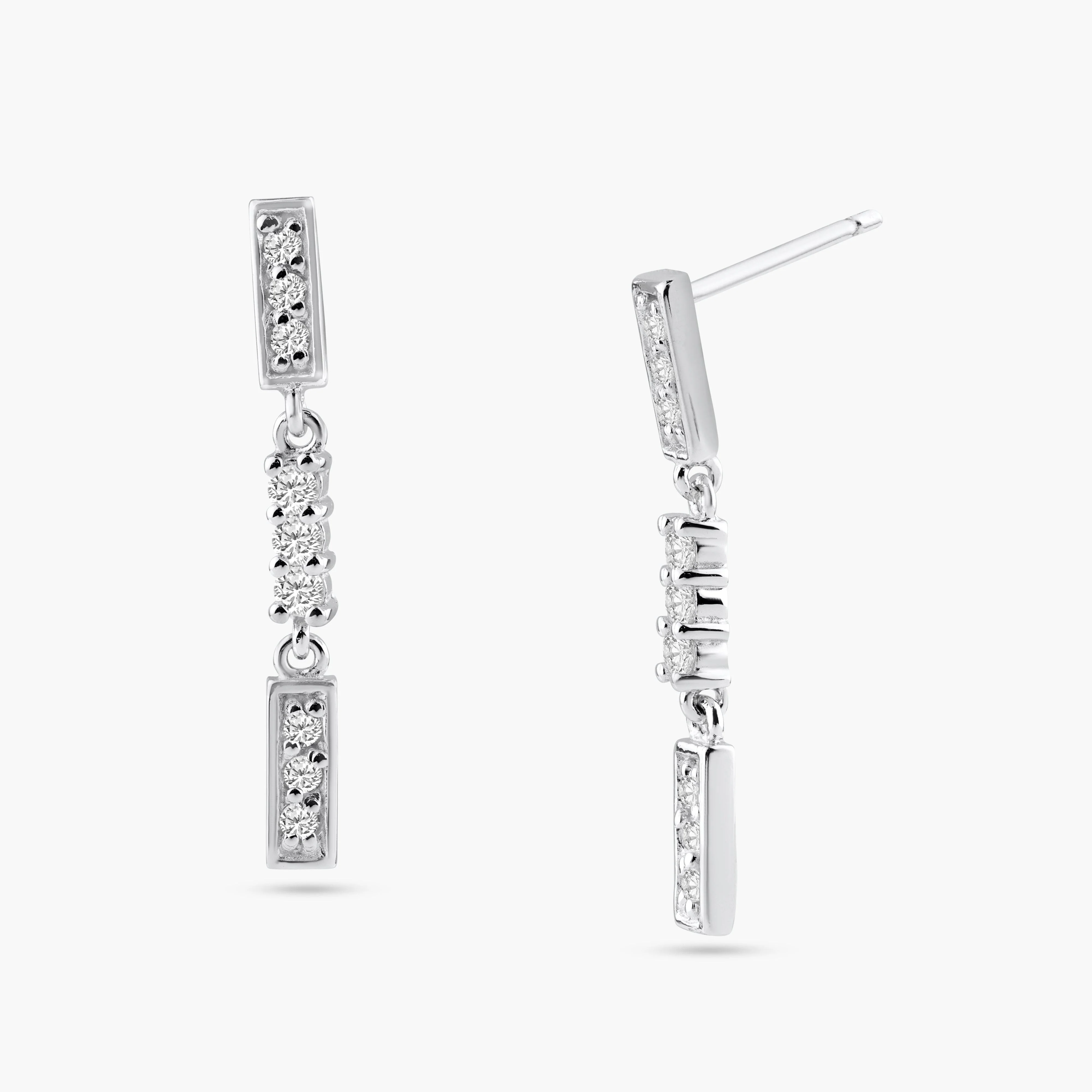 Silver 925 Rhodium Plated Multiple Channel Round CZ Dangling Earrings - BGE00218