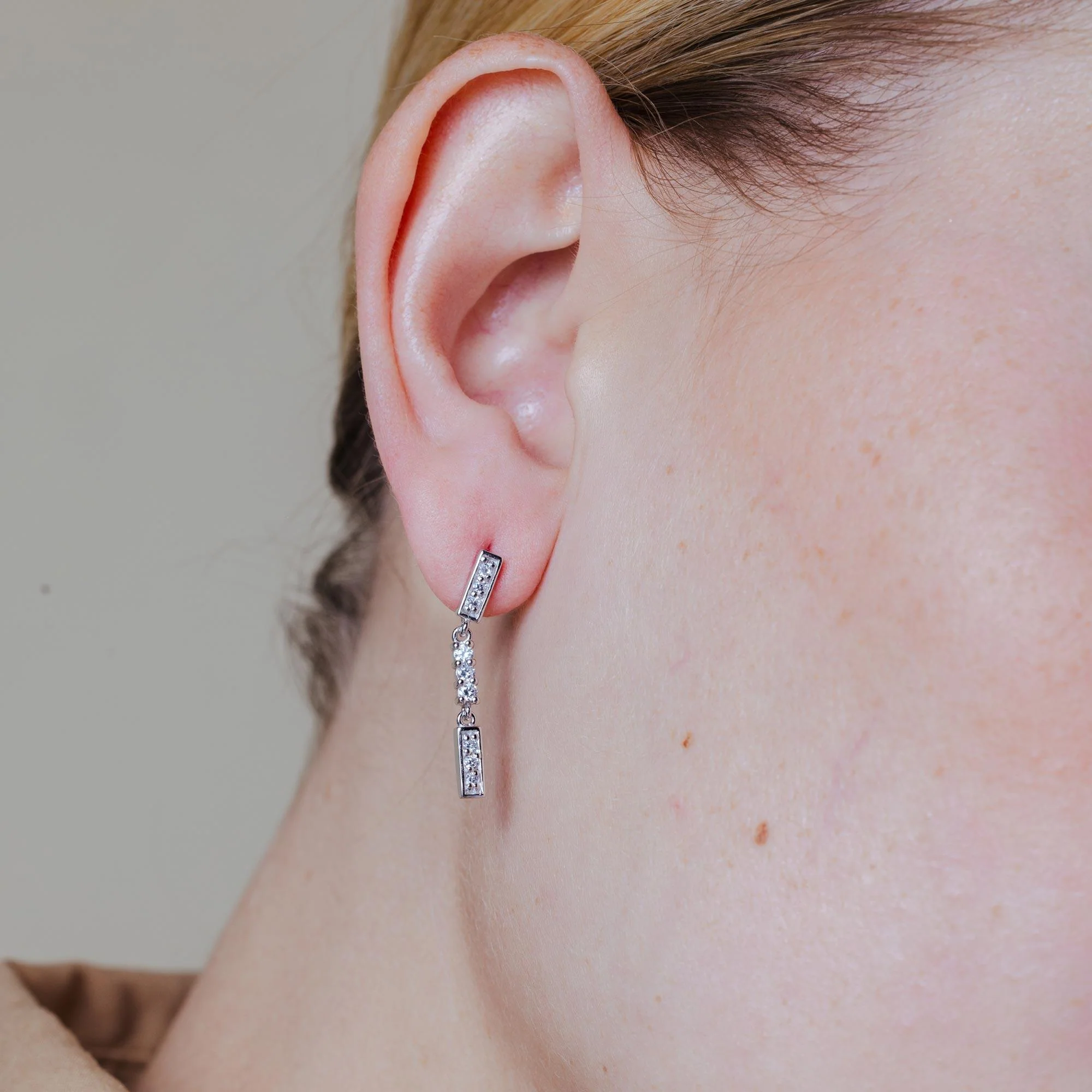 Silver 925 Rhodium Plated Multiple Channel Round CZ Dangling Earrings - BGE00218 - Image 2