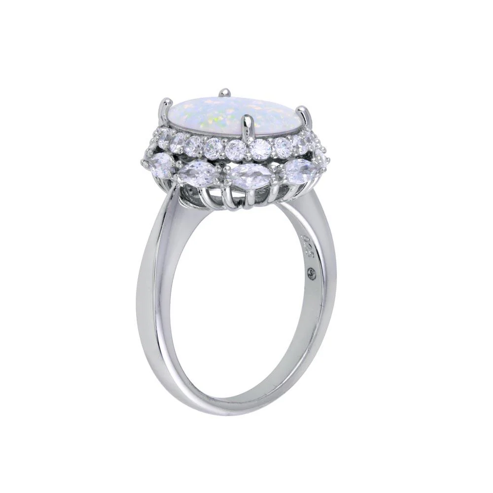 Rhodium Plated 925 Sterling Silver Opal and Clear CZ Ring - BGR01332 - Image 2