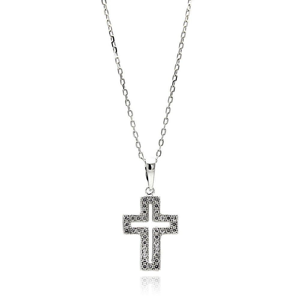 Silver 925 Rhodium Plated Open Cross CZ Necklace - BGP00621 - Image 2