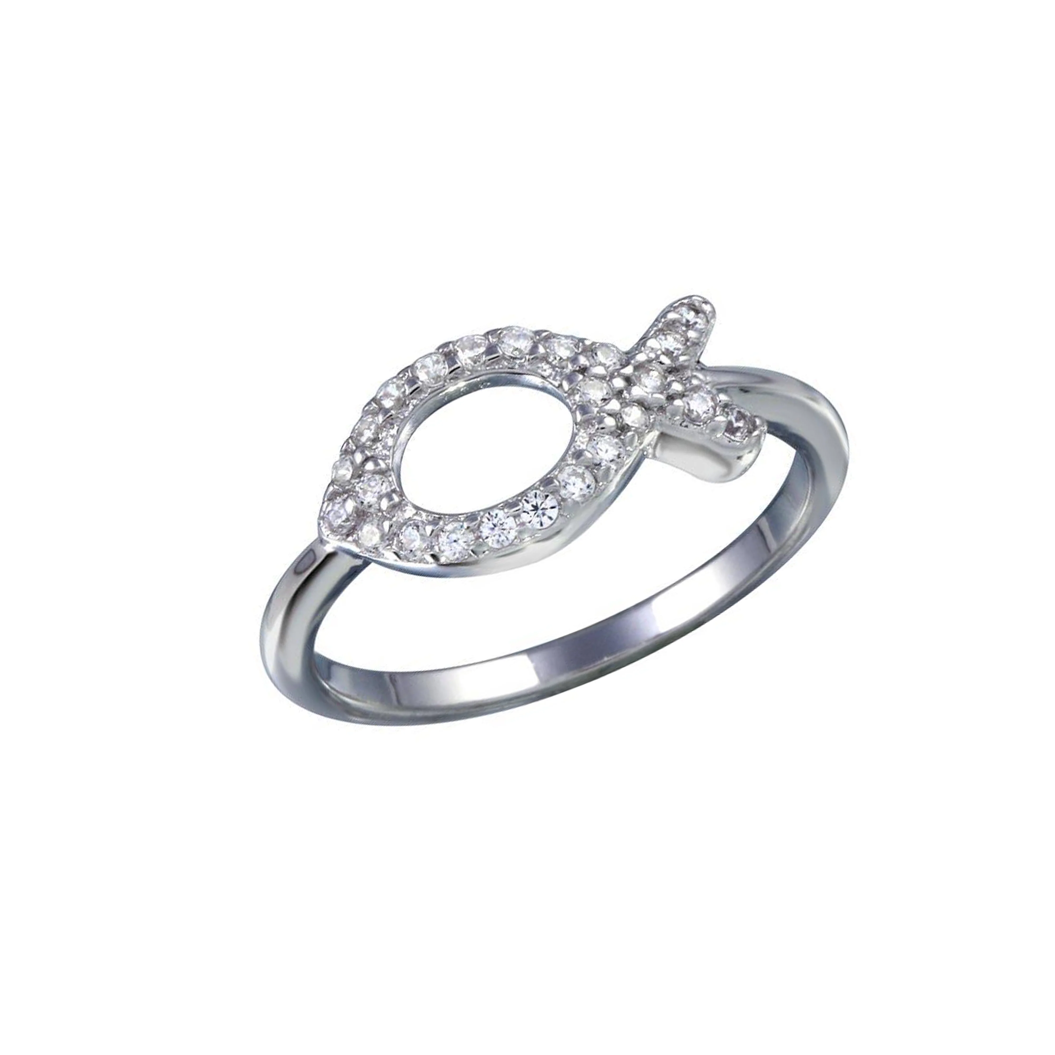 Rhodium Plated 925 Sterling Silver Open CZ Fish Ring - BGR01289