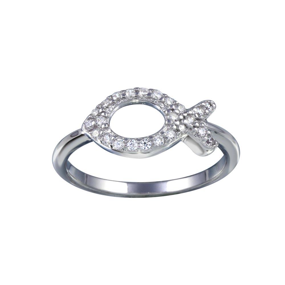 Rhodium Plated 925 Sterling Silver Open CZ Fish Ring - BGR01289 - Image 3