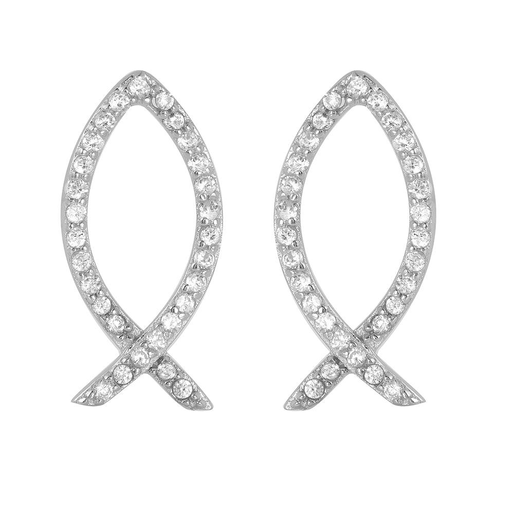 Sterling Silver 925 Rhodium Plated Open Fish Earrings- STE00967