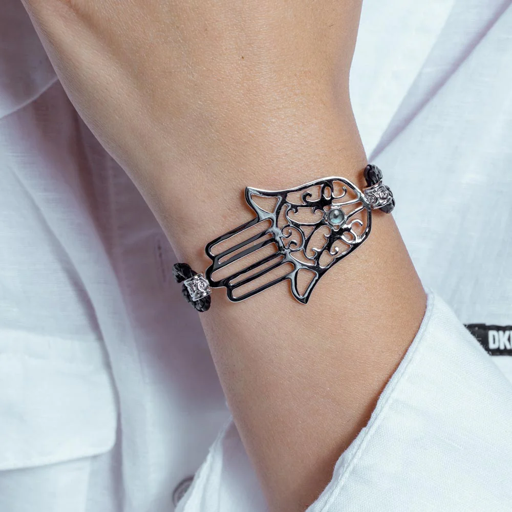 Silver 925 Rhodium Plated Open Hamsa Black Cord Charm Bracelet - BGB00068 - Image 2
