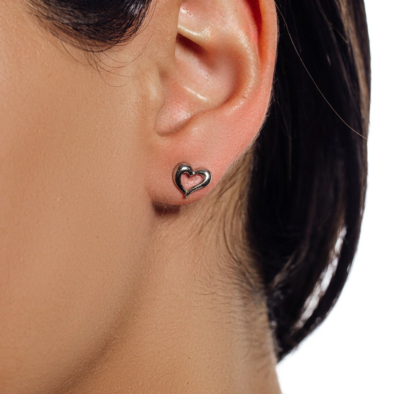 Silver 925 Rhodium Plated Open Hear Stud Earrings - STE00779 - Image 2