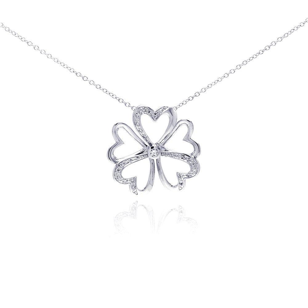 Clearance-Silver 925 Rhodium Plated Open Heart Flower CZ Necklace - BGP00287