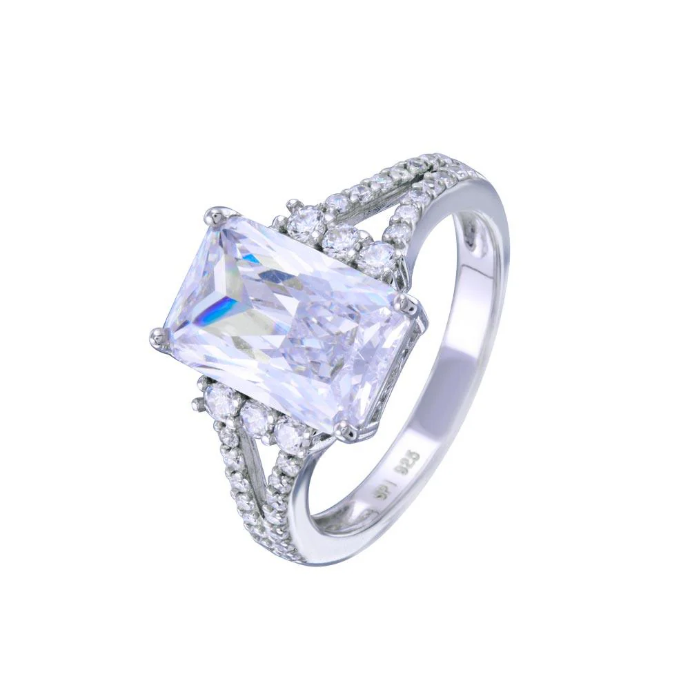 Rhodium Plated 925 Sterling Silver Open Shank Rectangle Center CZ Bridal Ring - STR01140 - Image 2