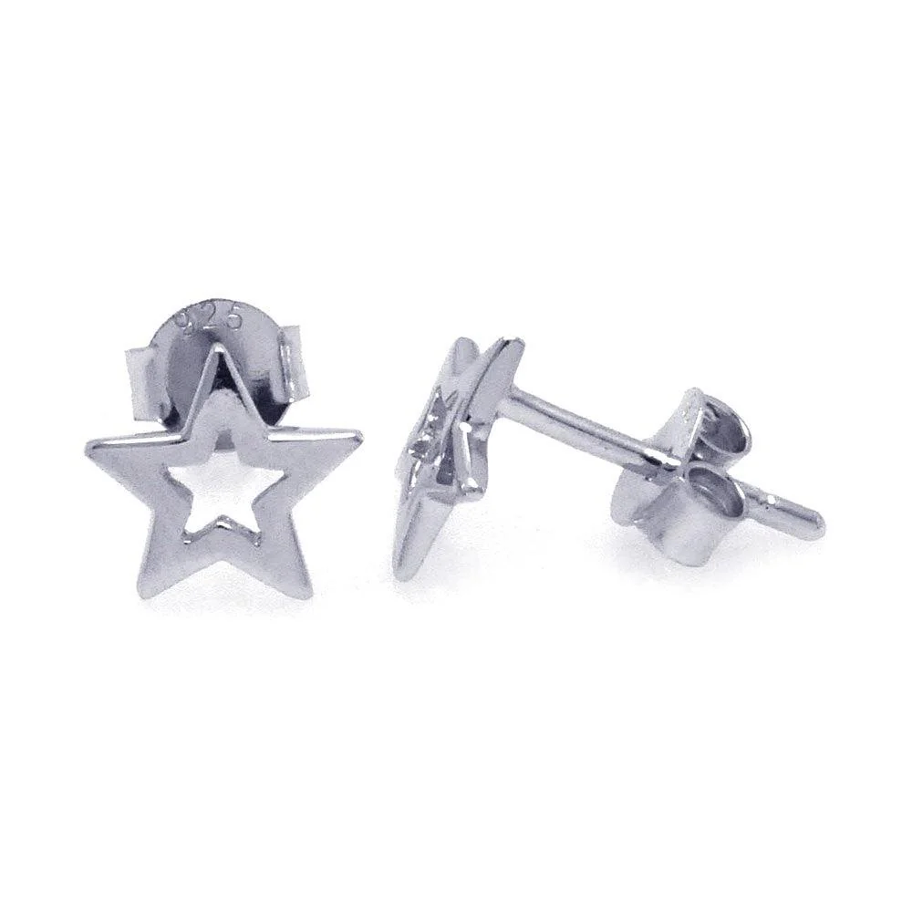 Silver 925 Rhodium Plated Open Star CZ Post Earrings - STE00747