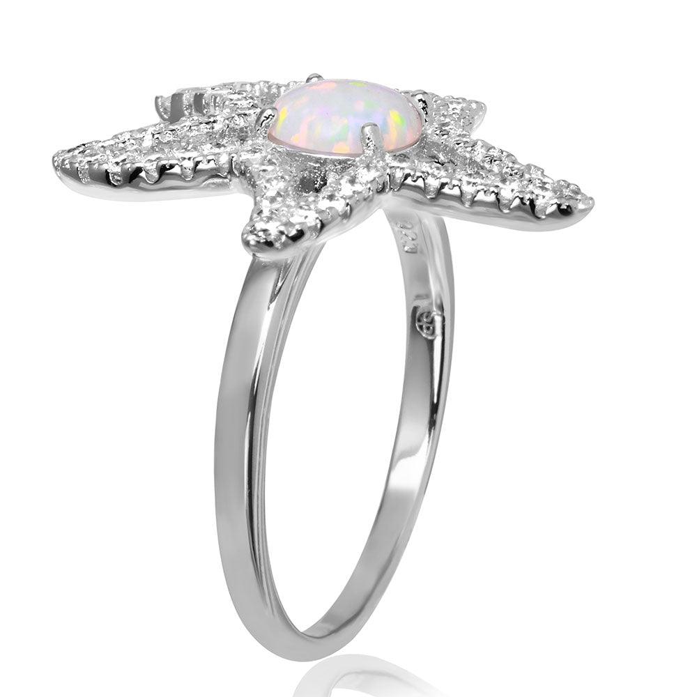 Silver 925 Rhodium Plated Open Starfish Ring with Synthetic Opal and CZ - BGR01048 - Image 2