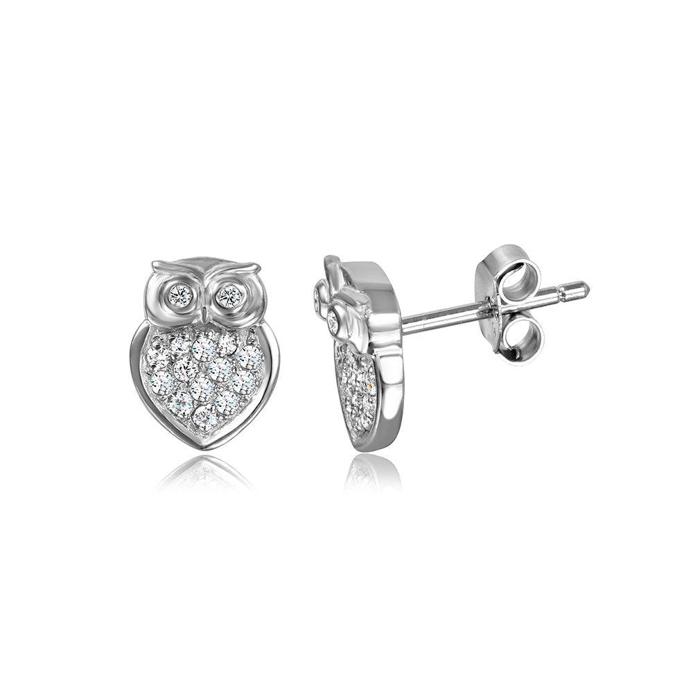Silver 925 Rhodium Plated Owl Post CZ Earrings - STE01007