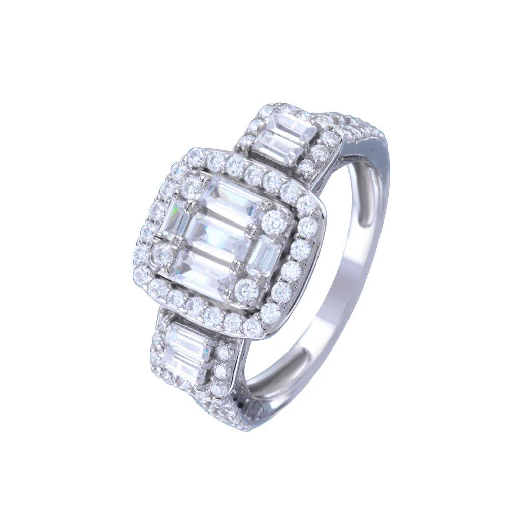 Rhodium Plated 925 Sterling Silver Past Present Future Baguette CZ Bridal Ring - STR01145 - Image 2