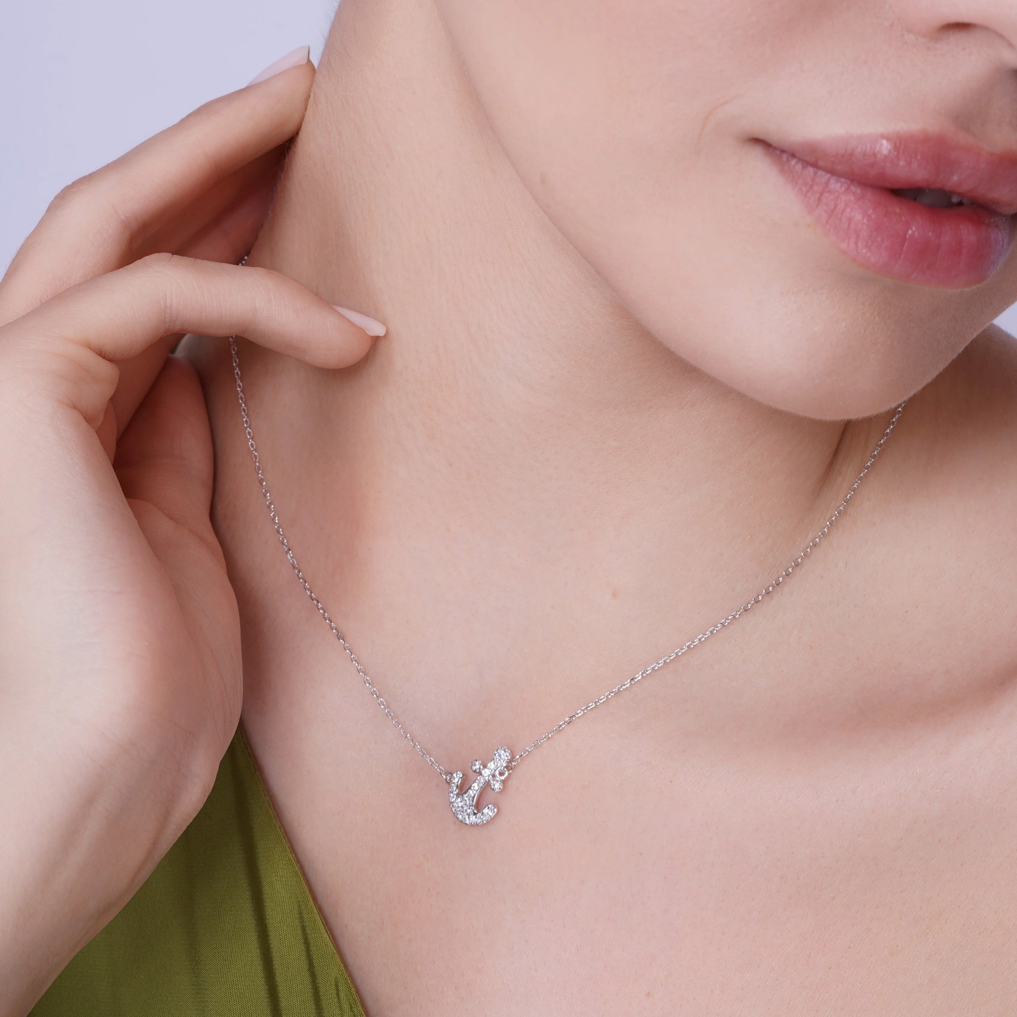 Silver 925 Rhodium Plated Pave Set Clear Anchor CZ Stud Earring and Necklace Set - BGS00307 - Image 4