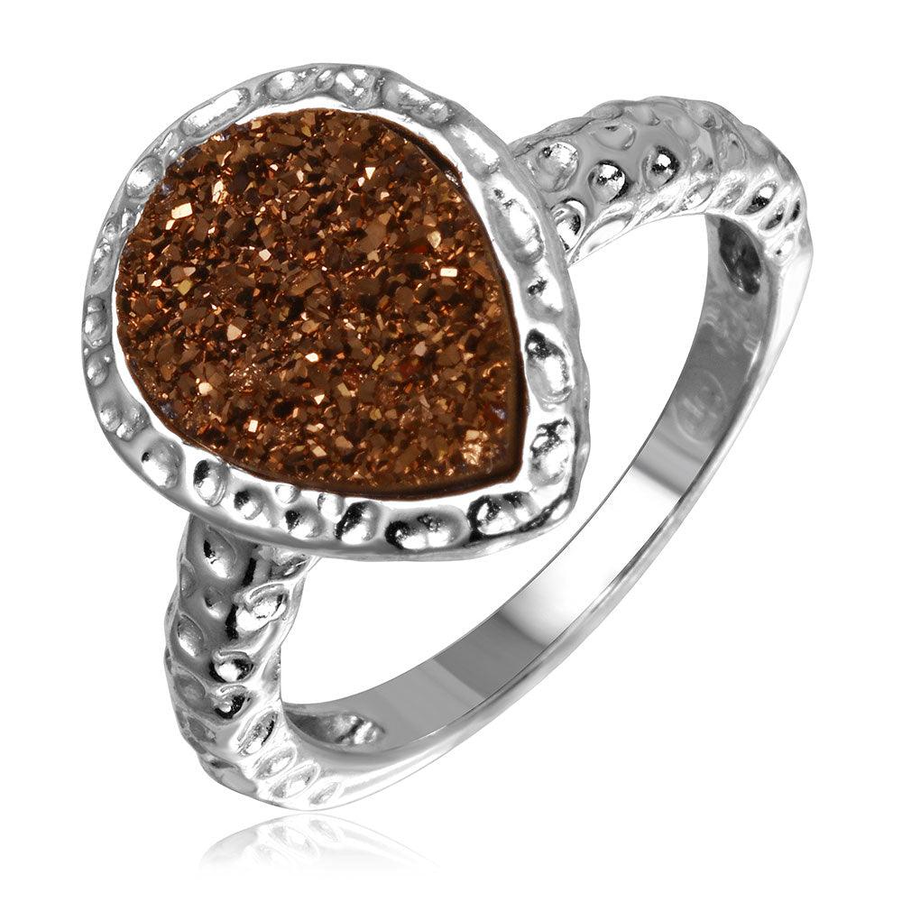 Silver 925 Rhodium Plated Pear Brown Druzy Gemstone Ring - BGR00748 - Image 3