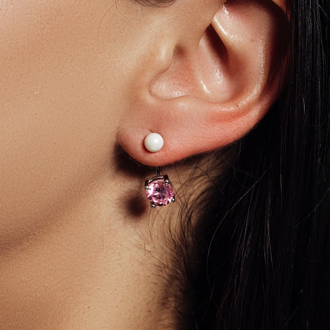 Rhodium Plated 925 Sterling Silver Pearl Pink Front and Back Earrings - STE00990OCT - Image 2