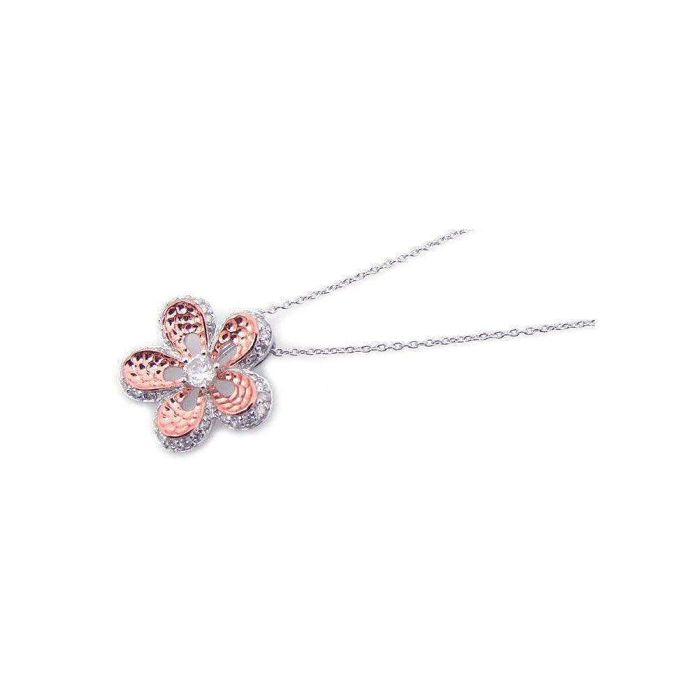 Clearance-Silver 925 Rhodium Plated Pink CZ Flower Pendant Necklace - STP00807