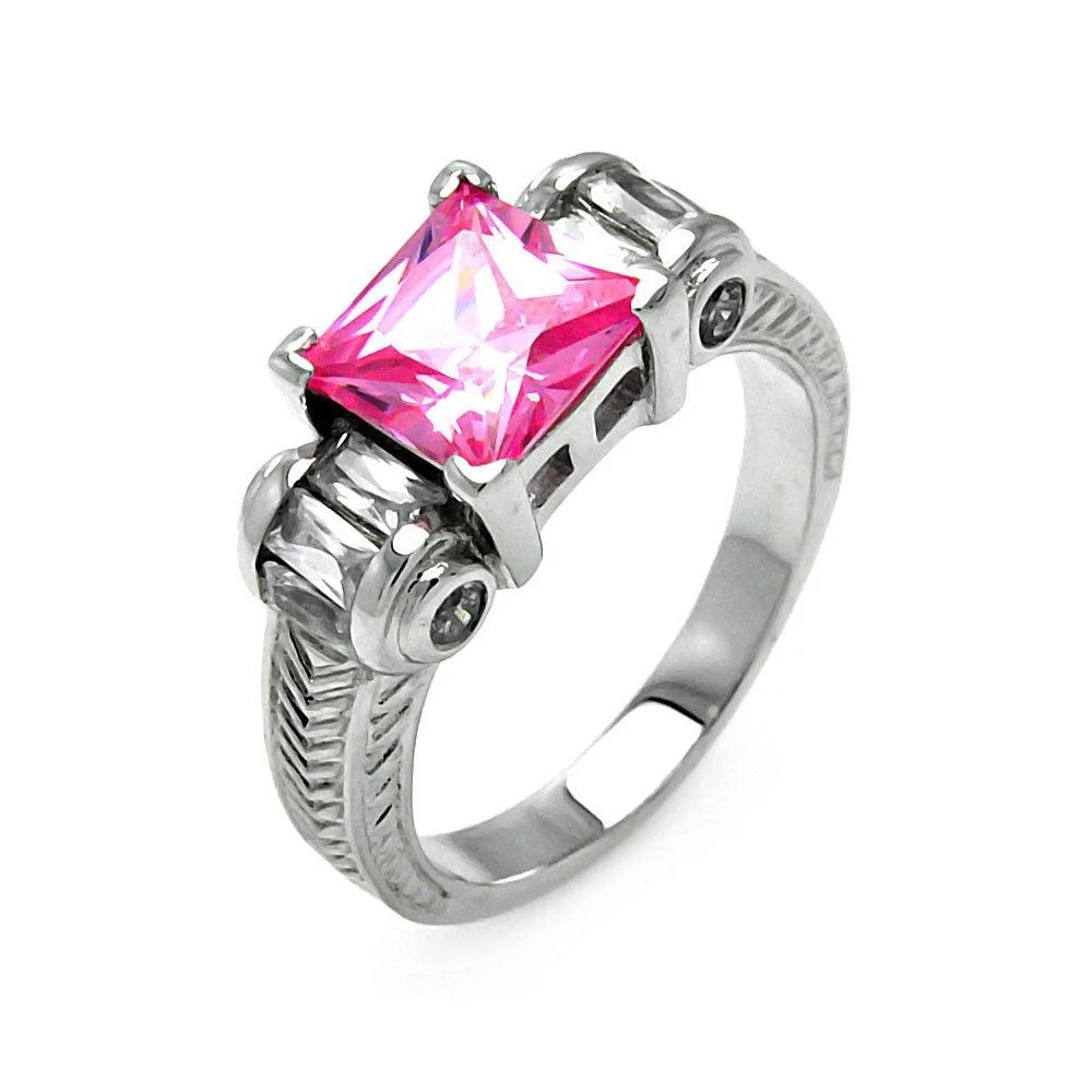 Clearance-Silver 925 Rhodium Plated Pink Princess Cut CZ Ring - STR00006PNK