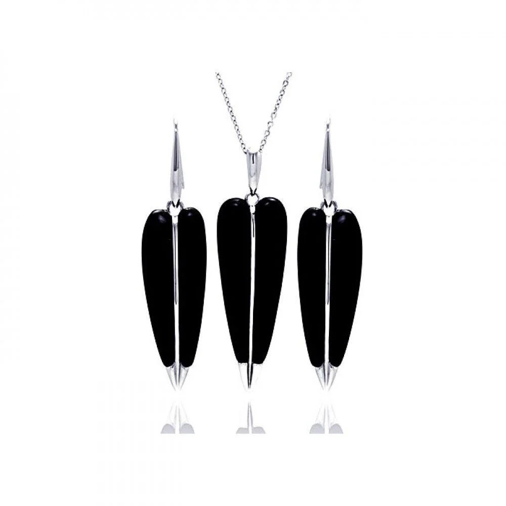 Clearance-Silver 925 Rhodium Plated Pointed Black Onyx Hook Earring and Necklace Set - BGS00133 - Image 2